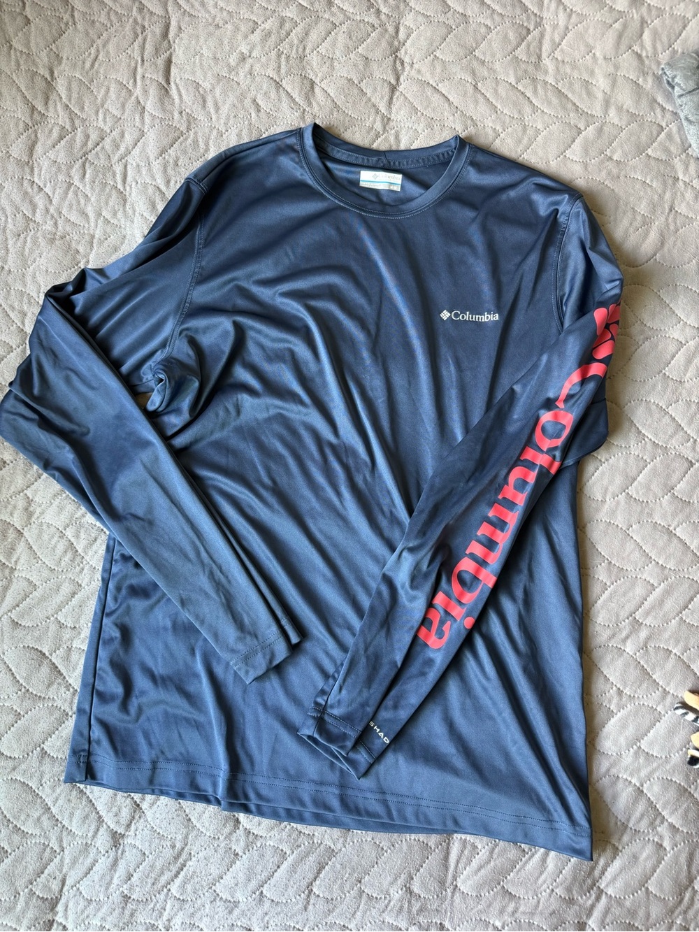 Columbia Navy Long Sleeve Performance Tee with Red Sleeve Logo